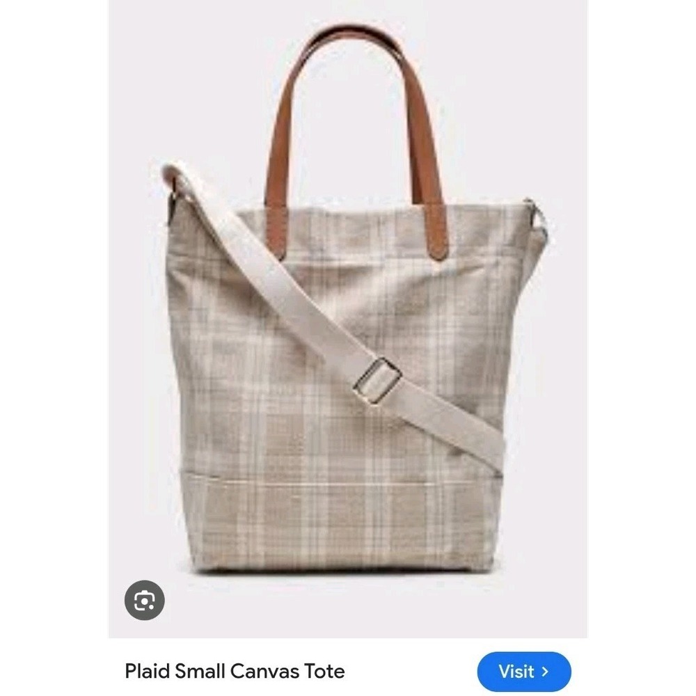 Banana Republic Medium Neutral Plaid Canvas Tote Crossbody With Leather‎ Accents